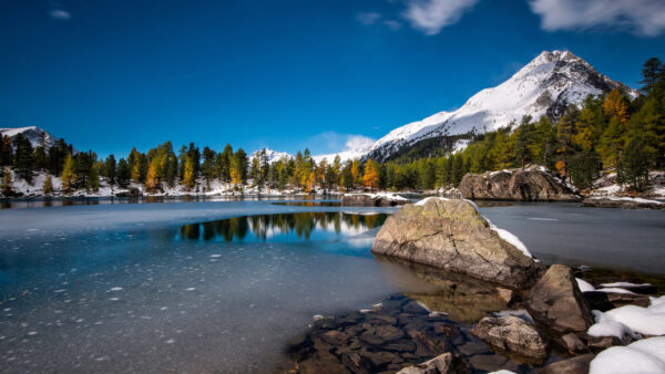 Wallpaper Background, Covered, Lake, Desktop, Green, View, Trees, Snow, Reflection, Nature, Sky, Blue, Mobile, Mountains, Landscape