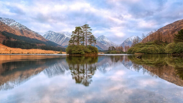 Wallpaper Landscape, Desktop, Under, White, The, And, Cloudy, Mountains, Trees, Nature, Sky, Covered, Forest, Middle, River