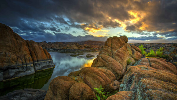 Wallpaper Black, River, Desktop, Clouds, View, Mountains, Stones, Blue, Sky, Nature, Rocks, Under, Landscape, Mobile