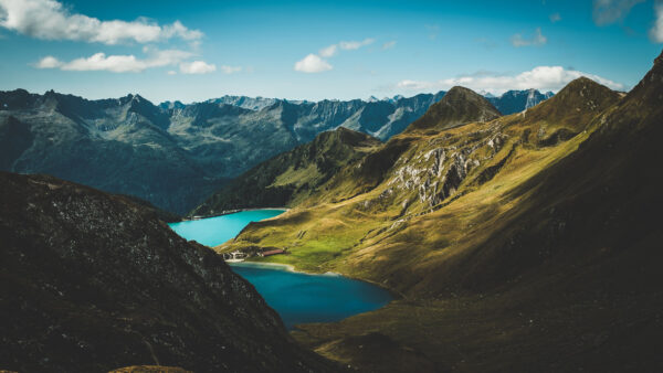 Wallpaper Field, View, Lake, Aerial, Grass, Green, Mountains, Nature