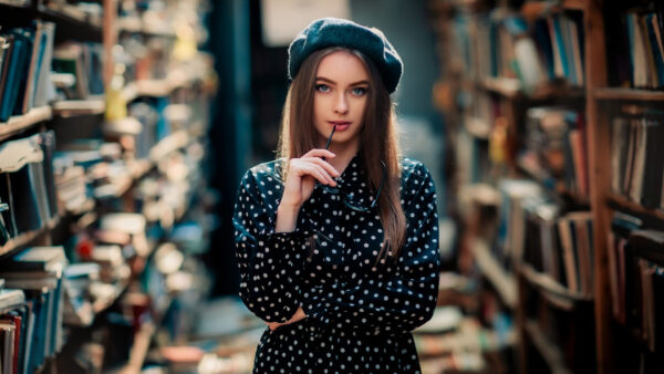 Wallpaper Girl, White, Cap, Dress, Model, Black, Between, Dots, And, Standing, Bookshelves, Wearing, Girls