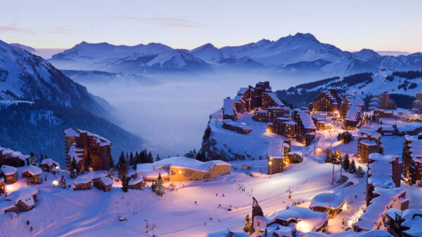 Wallpaper Covered, Blue, Village, Background, Beautiful, Bing, Sky, And, Snow, Mountains