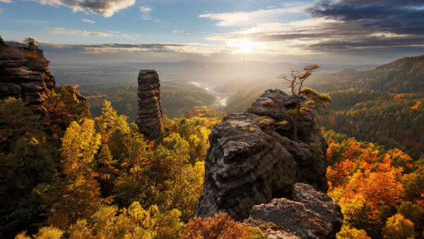 Wallpaper Clouds, Trees, Aerial, Autumn, Stone, White, Colorful, Sky, Nature, View, Rocks, Black, Under, Blue, Sunlight