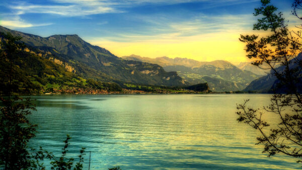 Wallpaper Green, Body, Nature, Water, Clouds, Calm, Trees, Yellow, Under, Blue, Mountains, Slope, Sky, Surrounded