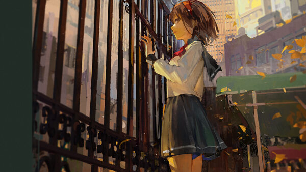 Wallpaper Uniform, Standing, With, Girl, Gate, Near, Anime, School