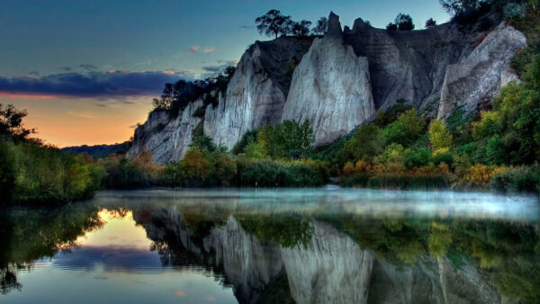Wallpaper Mountains, View, Black, Landscape, Clouds, Blue, Reflection, Green, Trees, Fall, Under, Sky, Rock, Scenery, Water