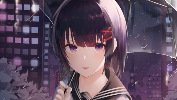 Wallpaper Umbrella, Girl, Eyes, Rain, Purple, With, Anime