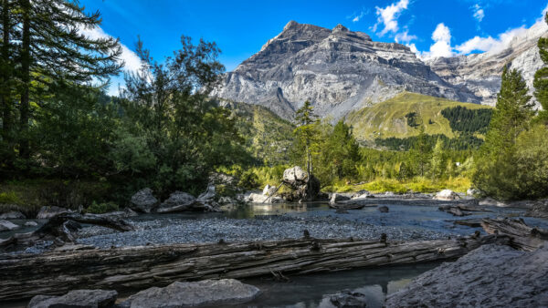 Wallpaper Blue, Landscape, Plants, Rock, Mountain, Bushes, View, Daytime, White, Sky, Green, Background, Trees, During, Clouds