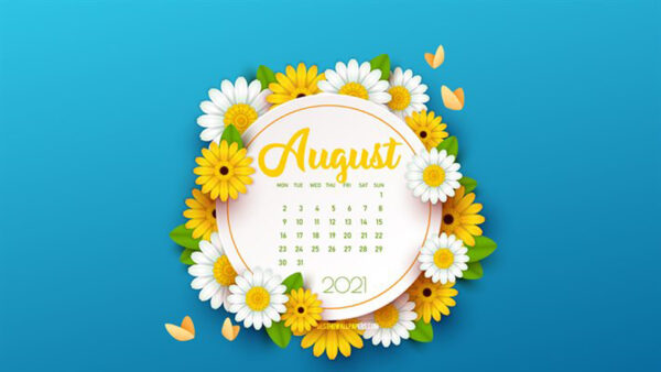 Wallpaper Background, Calender, Yellow, Flowers, August, White, 2021, Blue
