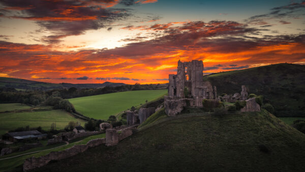 Wallpaper Sunset, Corfe, Castle, Dorse, During, England, Travel, Desktop, Mobile, Hill