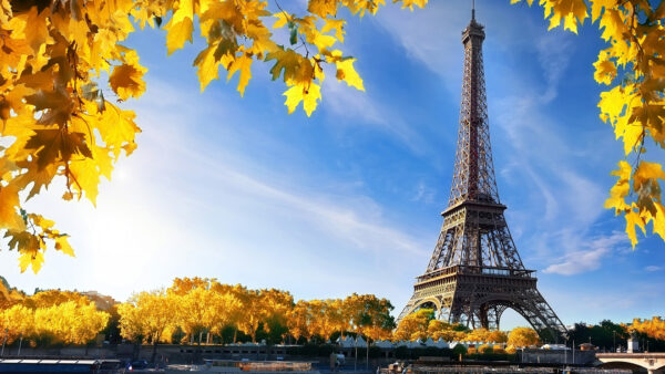 Wallpaper Trees, And, Yellow, Background, Tower, Travel, Blue, Clouds, Sky, Leaves, Desktop, Eiffel, With, Paris