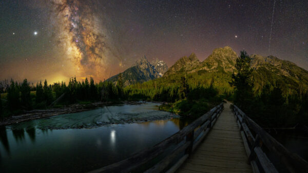 Wallpaper View, Stars, Lake, Sky, Dark, With, Desktop, Mobile, And, Fir, Under, Background, Nature, Bridge, Mountain, Trees