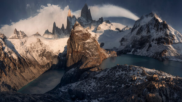Wallpaper Black, Cloudy, White, Sky, Nature, Mountains, Under, Snow, Rocks, Desktop, Covered, Mobile