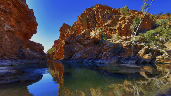 Wallpaper Lake, Water, Nature, Rock, Surrounded, Red, Background, Mobile, Desktop, Sky, Blue, Reflection