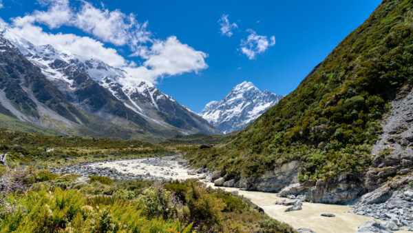 Wallpaper Mountains, Desktop, Stones, View, Mobile, Rocks, Landscape, Sky, Nature, Capped, River, Daytime, During, Trees, Blue, Snow, Bushes