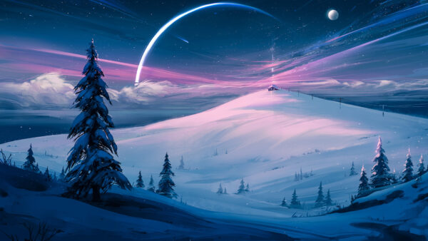 Wallpaper Minimalism, Snow, Pink, Blue, Sky, Winter, Artistic, Starry, Trees, Minimalist