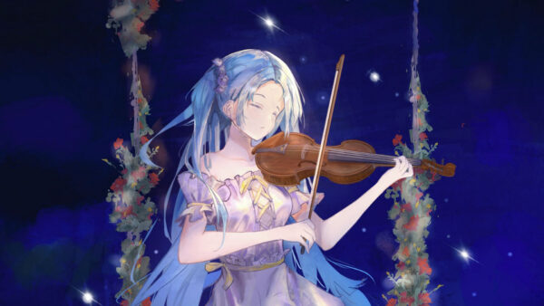 Wallpaper Light, Violin, Anime, Wearing, Dress, With, Long, Blue, Girl, Purple, Hair