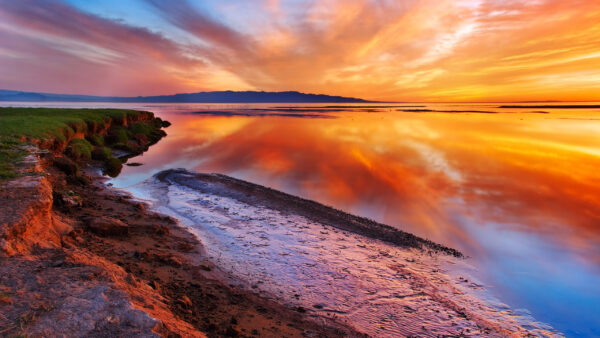 Wallpaper Green, River, Clouds, Mountains, Land, Landscape, Reflection, White, Water, Grass, Sky, Nature, Yellow, View, Under