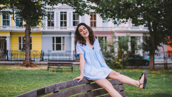 Wallpaper Dodie, Blue, Wood, Sitting, Bench, Dress, Wearing