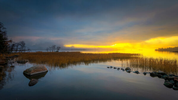 Wallpaper Yellow, Nature, Under, During, Lake, Desktop, Sky, Sunset, And, Gray