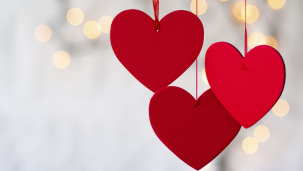 Wallpaper Valentine, Red, Desktop, Hearts, Background, Bokeh, Hanging, Yellow, Light