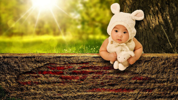 Wallpaper WALL, Cement, With, Baby, Concrete, Sunbeam, Cute, Toy, Lying, Background, Desktop