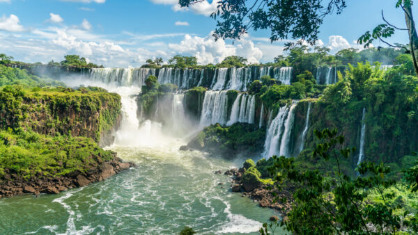 Wallpaper Sky, View, Trees, Bushes, White, River, Grass, Blue, Clouds, Landscape, Green, Under, Nature, Waterfalls, Stream