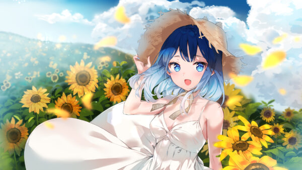 Wallpaper Sunflower, Blue, Short, Hair, Eyes, Hat, Anime, Girl