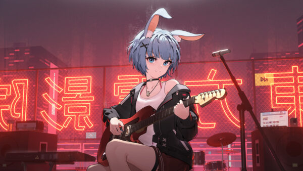 Wallpaper Guitar, Blue, Girl, Anime, City, With, Eyes, Background