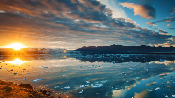 Wallpaper Bing, Under, Blue, Mountains, Water, Sunset, Sky, View, Reflection, During, Black, Landscape, Clouds