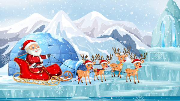 Wallpaper Mountains, Christmas, Santa, Claus, Snow, Deer, Reindeer, Sleigh