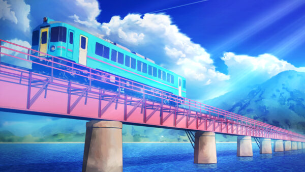 Wallpaper Water, Bridge, Anime, Blue, Above, Train, Sky, Under, Clouds