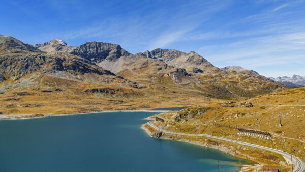 Wallpaper Mountains, Between, Rock, Blue, Nature, Near, Daytime, Greenery, During, Road, Lake, Under, Sky