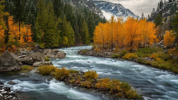 Wallpaper During, Nature, Snow, Desktop, Fall, River, And, Mountain, Covered