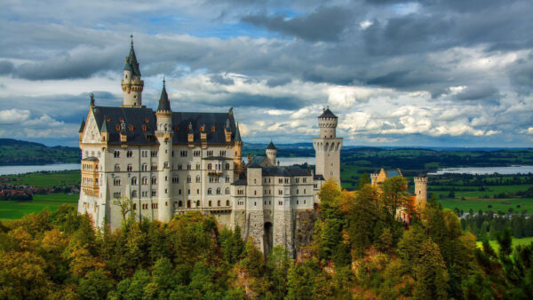 Wallpaper Alps, Sky, Under, Castle, Travel, Germany, Bavarian, Neuschwanstein, Dark, Cloudy, Desktop