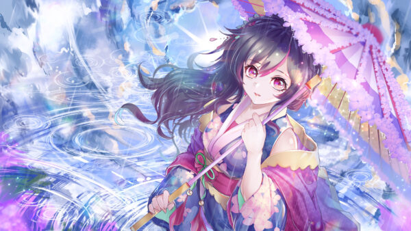 Wallpaper Purple, Umbrella, Girl, Kimono, Light, Anime, Eyes