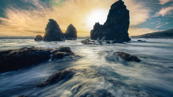 Wallpaper Shore, Rock, Sea, Nature, Sunrise, With, During
