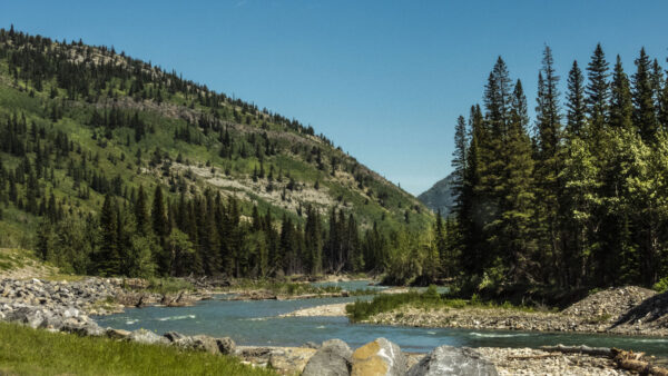 Wallpaper Sky, Background, Mountains, Trees, River, Slope, Green, Rocks, Blue, Mobile, Between, Desktop, Forest, Nature