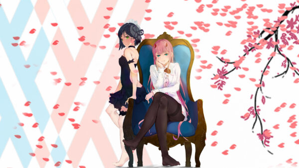 Wallpaper Zero, Lines, With, Two, Pink, White, And, Ichigo, Background, Blue, FranXX, Anime, Darling, Petals, The