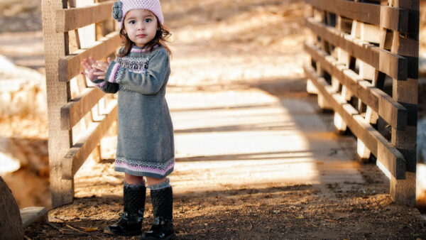 Wallpaper Pink, Girl, Ash, Dress, Background, Standing, Little, Wood, Cute, Bridge, Wearing
