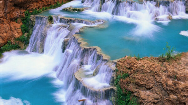 Wallpaper Nature, Rocks, Surrounded, Pouring, Multiple, River, Waterfalls