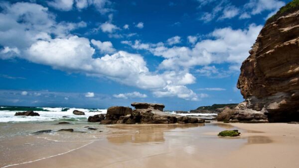 Wallpaper Blue, Sky, Sand, Under, Cloudy, Rock, Stones, Beach