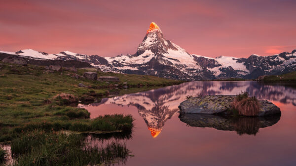 Wallpaper Red, Reflection, Water, Mountain, View, Covered, Peak, Landscape, Nature, Snow