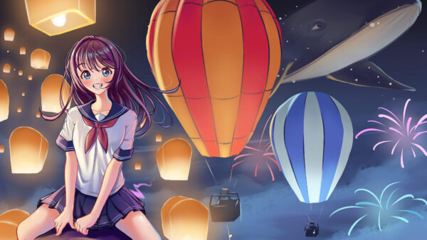 Wallpaper Lanterns, Balloons, With, Girl, School, Uniform, Background, Anime, Smiling