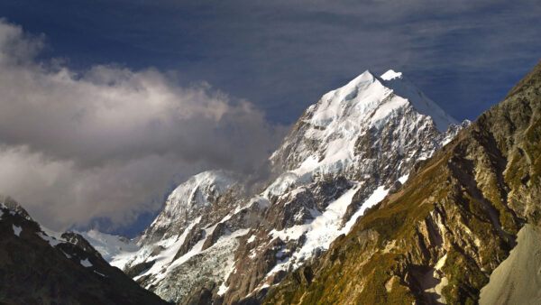 Wallpaper Greenery, Clouds, Snow, Sky, White, Blue, Mountains, Rock, With, Mountain, Under