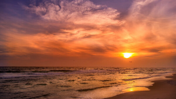 Wallpaper Ocean, Beach, During, Clouds, Blue, Waves, Sky, Sunset, Under, Sand, White