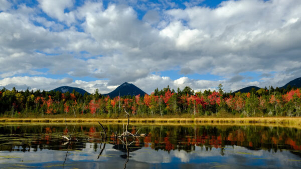 Wallpaper White, Green, Grass, Reflection, River, Autumn, Trees, Red, View, Field, Blue, Clouds, Landscape, Mountains, Under, Sky