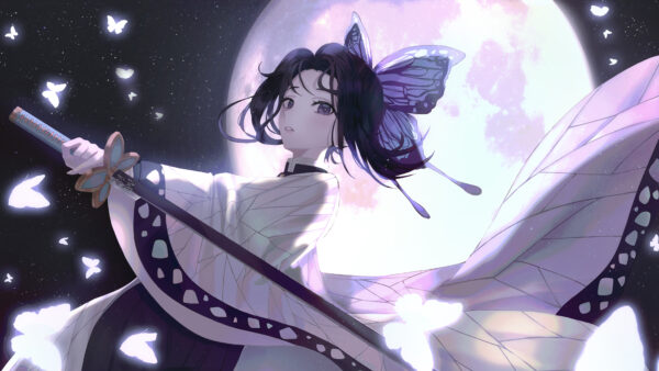 Wallpaper Moon, With, Butterfly, Slayer, Demon, Kochou, And, Anime, Shinobu, Stars, Bright, Desktop, Sky, Dark, Girl, Sword, Backgound