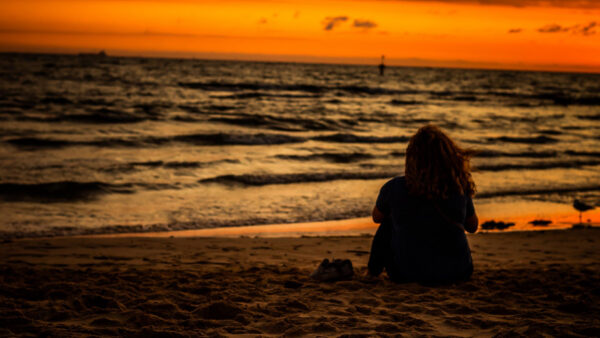 Wallpaper Waves, Beach, Girl, Sand, Sunset, During, Ocean, Sitting, Watching