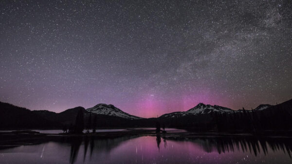 Wallpaper Space, Desktop, With, Under, Dark, Lake, Near, Sky, Stars, Covered, Mountain, Snow